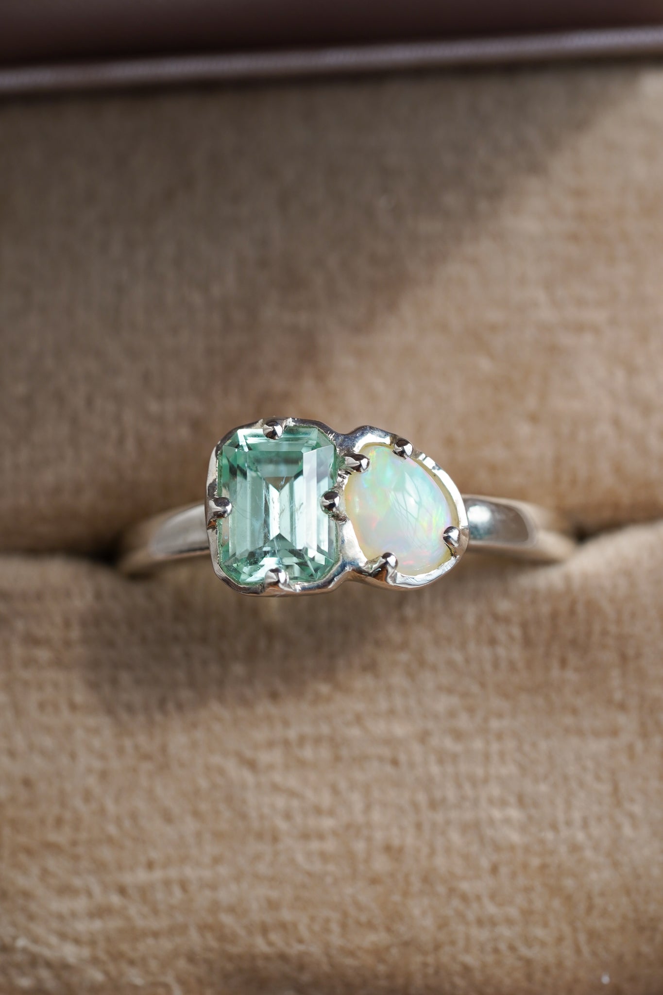 Seafoam tourmaline & white Australian opal Toi et Moi ring