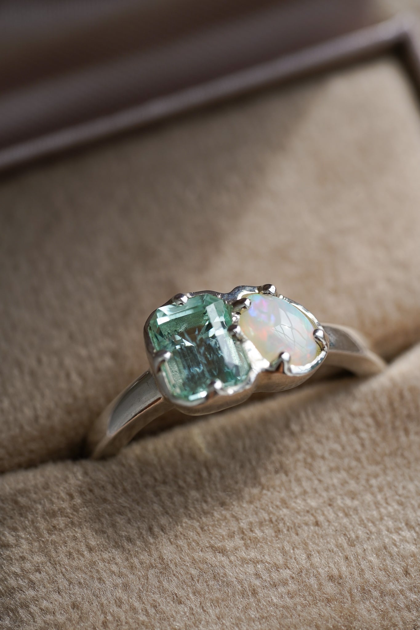Seafoam tourmaline & white Australian opal Toi et Moi ring