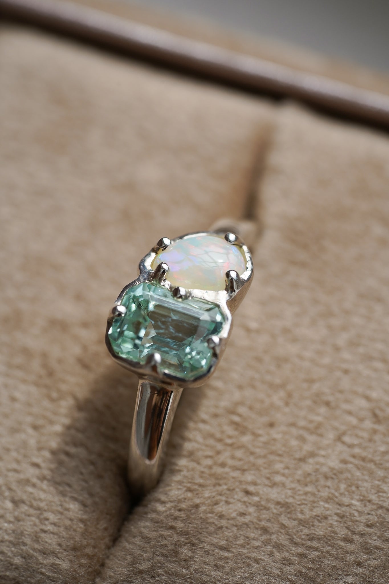 Seafoam tourmaline & white Australian opal Toi et Moi ring