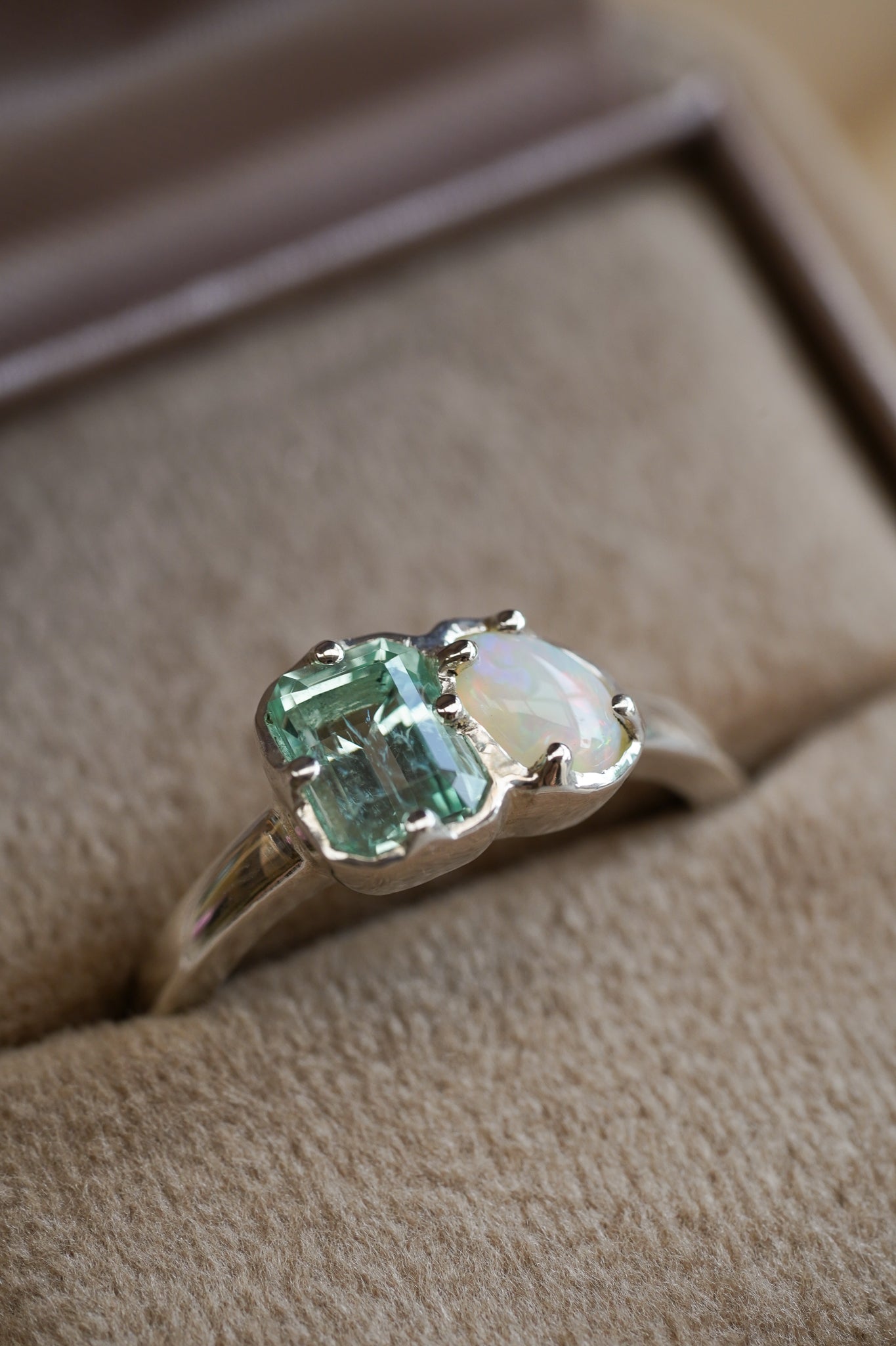 Seafoam tourmaline & white Australian opal Toi et Moi ring