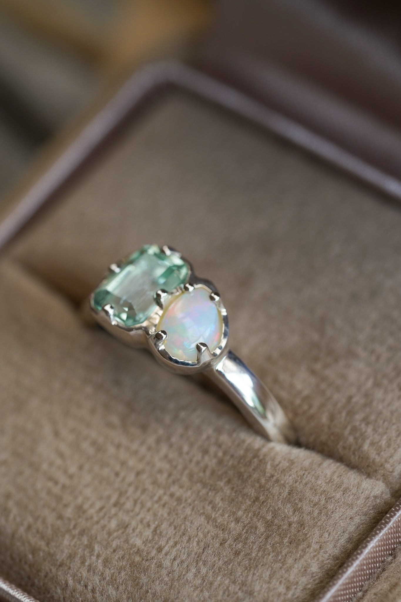 Seafoam tourmaline & white Australian opal Toi et Moi ring