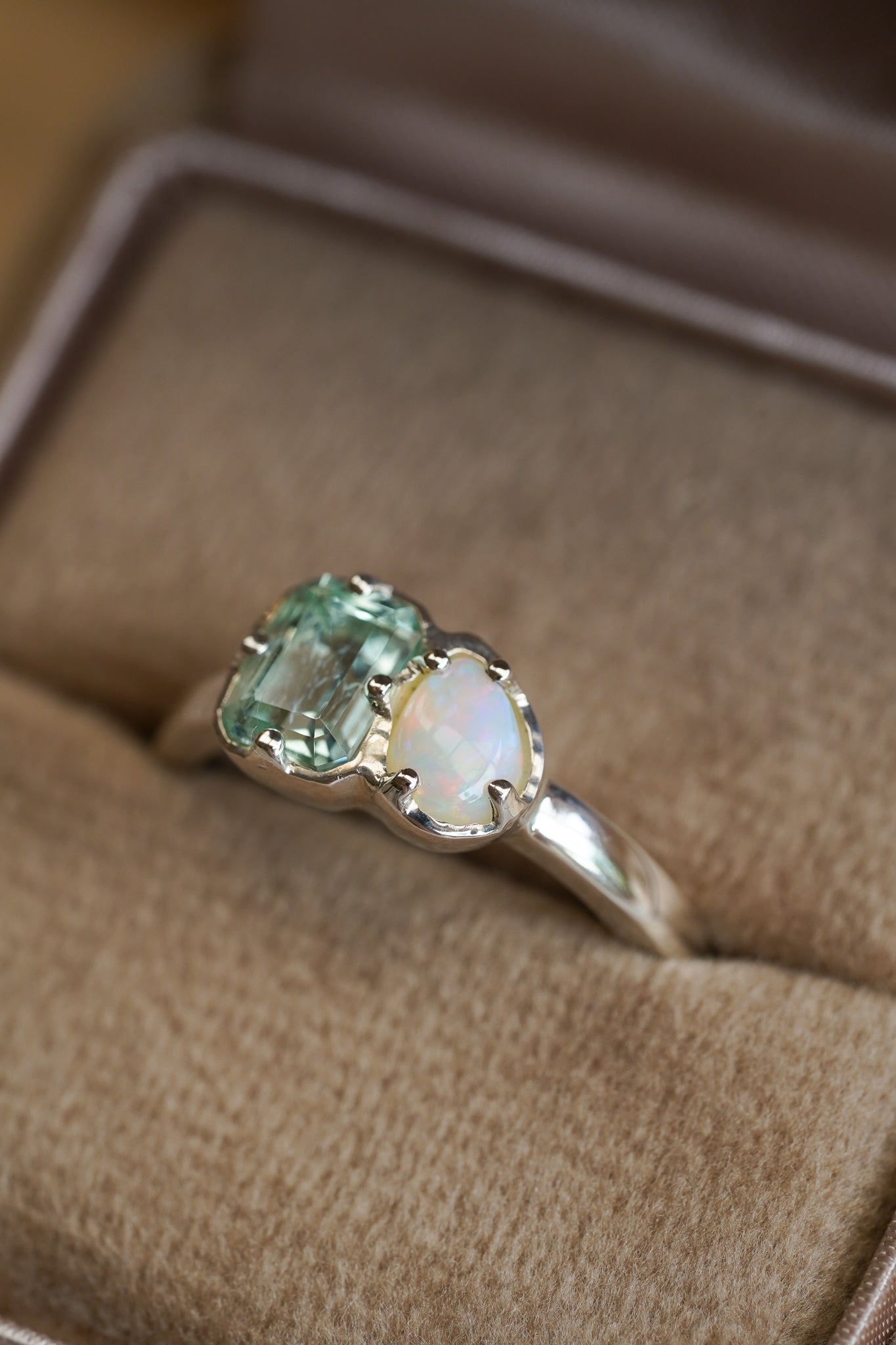 Seafoam tourmaline & white Australian opal Toi et Moi ring