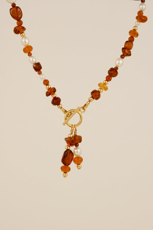 Pearl & garnet toggle necklace - gold