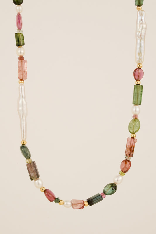 Mixed tourmaline & biwa pearl beaded necklace - gold