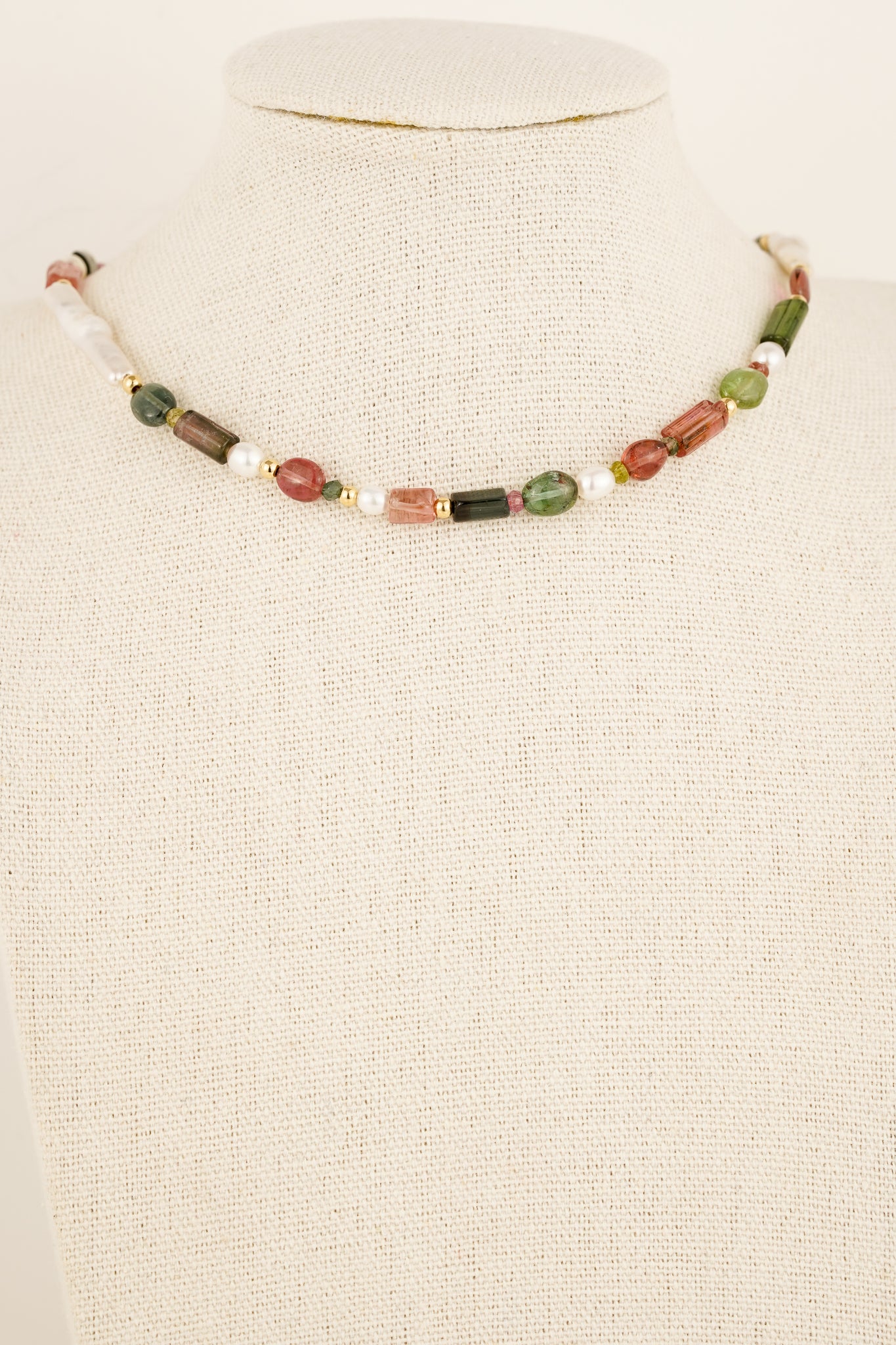 Mixed tourmaline & biwa pearl beaded necklace - gold