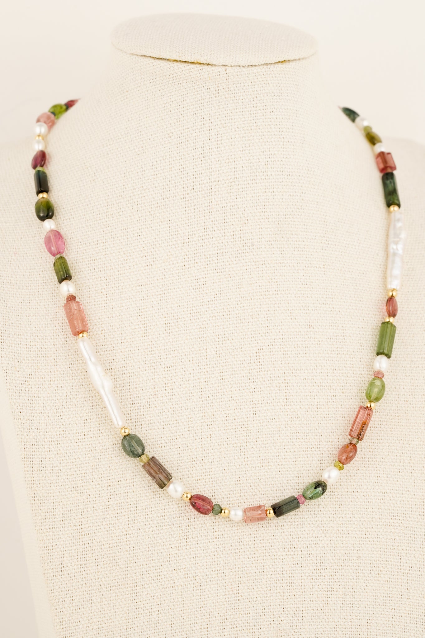 Mixed tourmaline & biwa pearl beaded necklace - gold