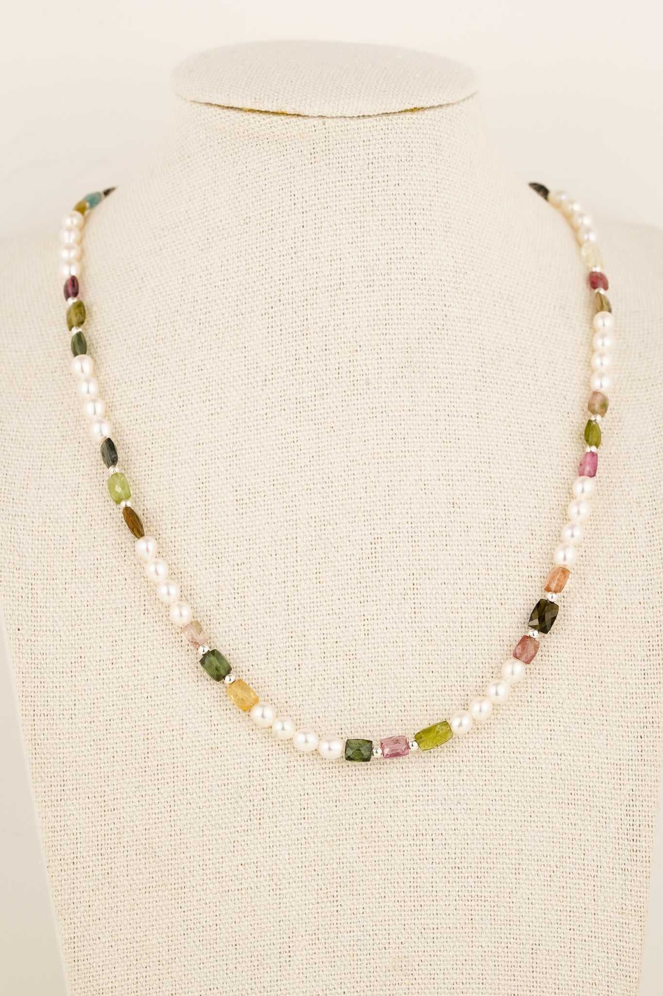 Pearl & cushion cut tourmaline beaded necklace - silver
