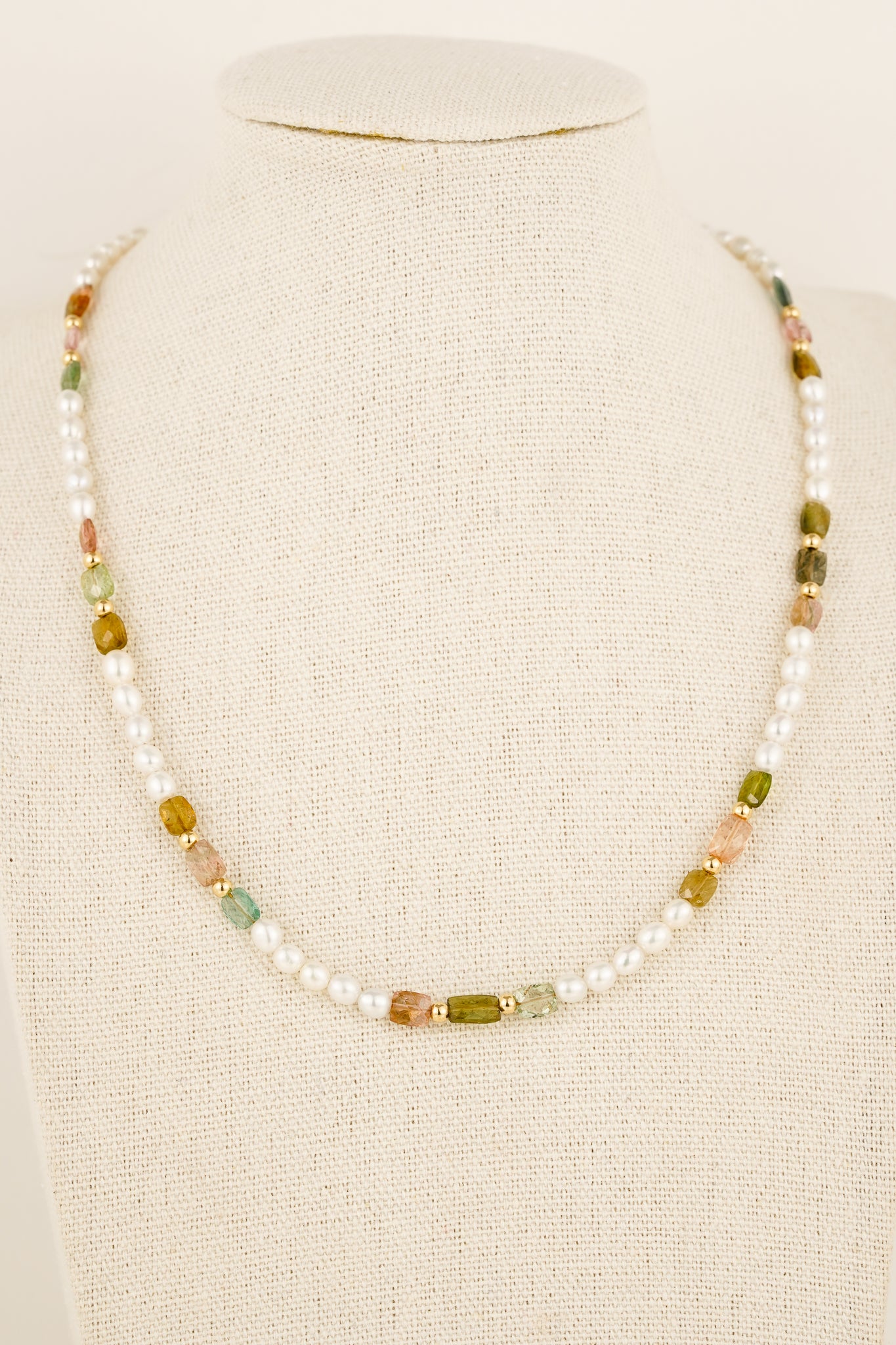 Pearl & cushion cut tourmaline beaded necklace - gold
