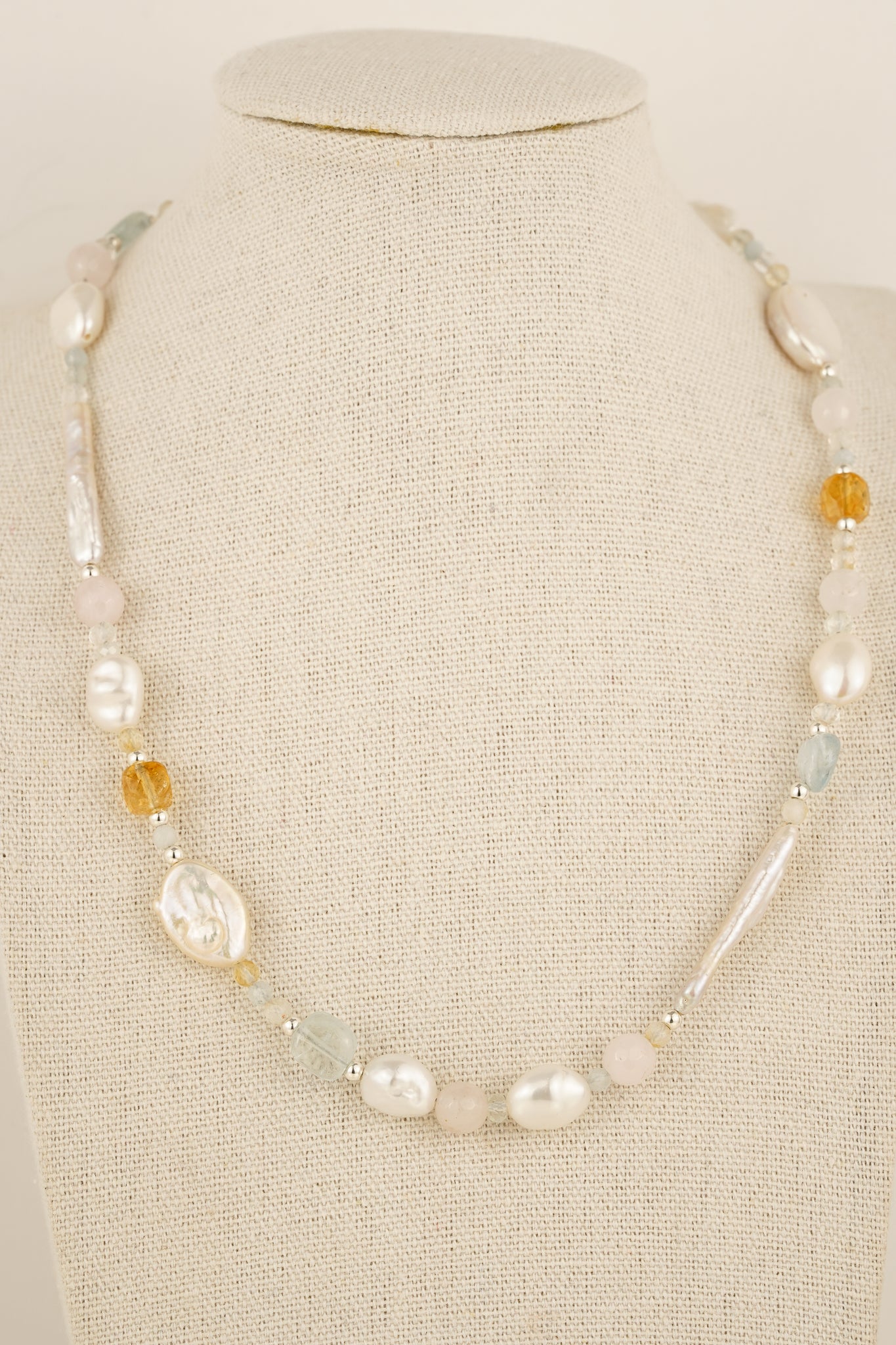 Aquamarine, citrine, morganite and freshwater pearl beaded necklace - mix 1