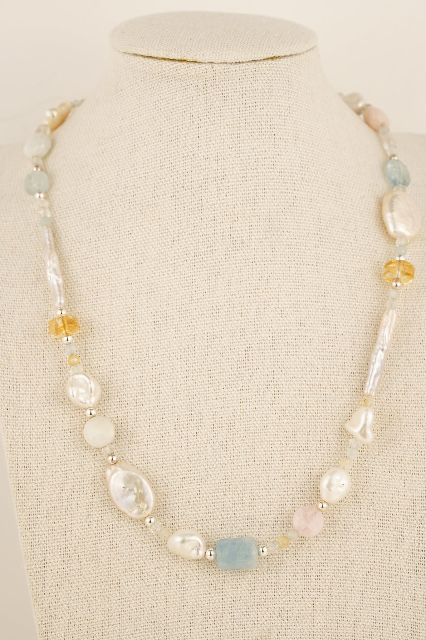 Aquamarine, citrine, morganite and freshwater pearl beaded necklace - mix 2