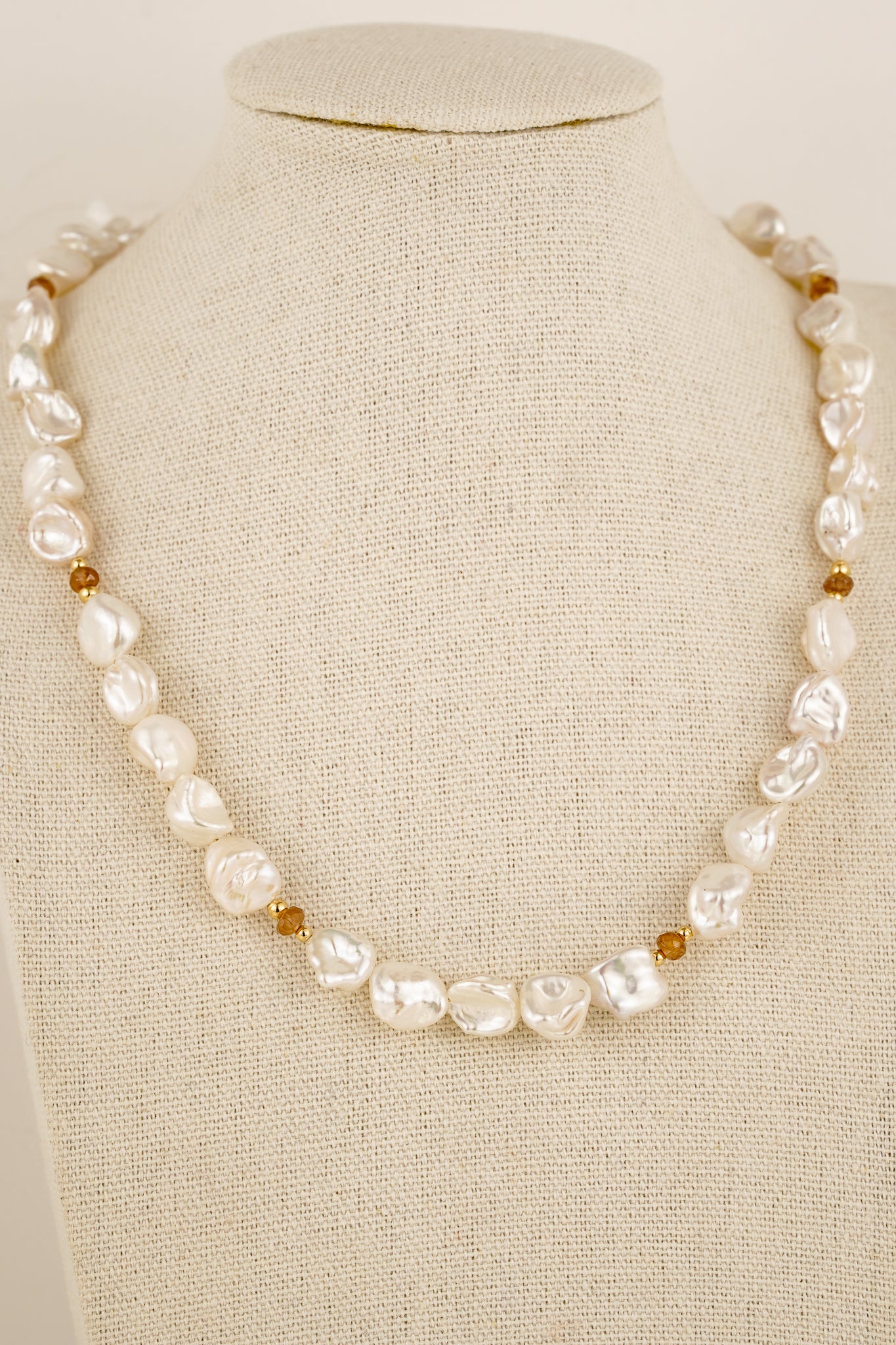 Large pearl & deep champagne zircon beaded necklace - gold