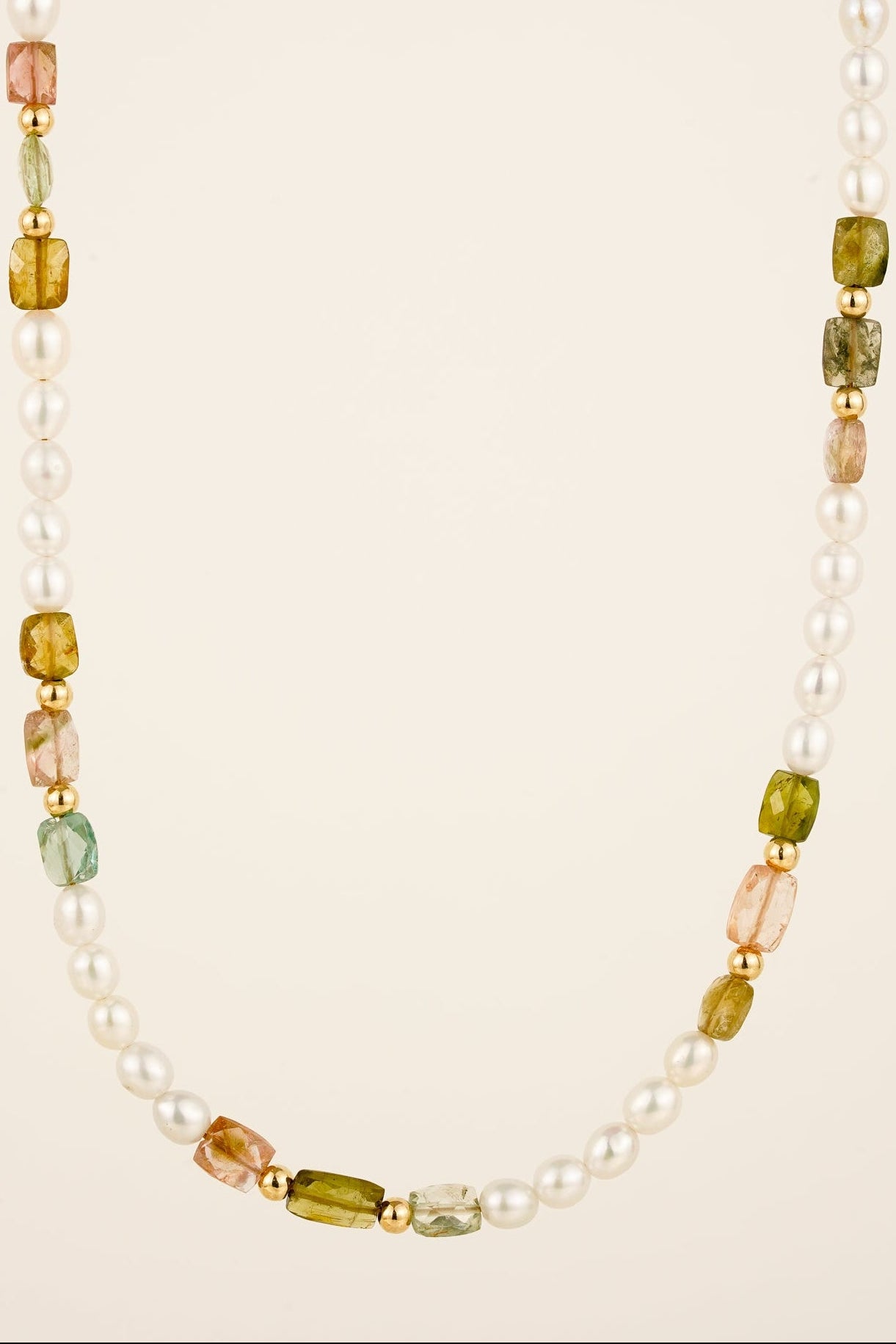 Pearl & cushion cut tourmaline beaded necklace - gold