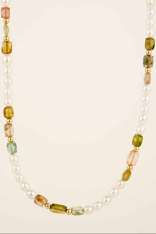 Pearl & cushion cut tourmaline beaded necklace - gold