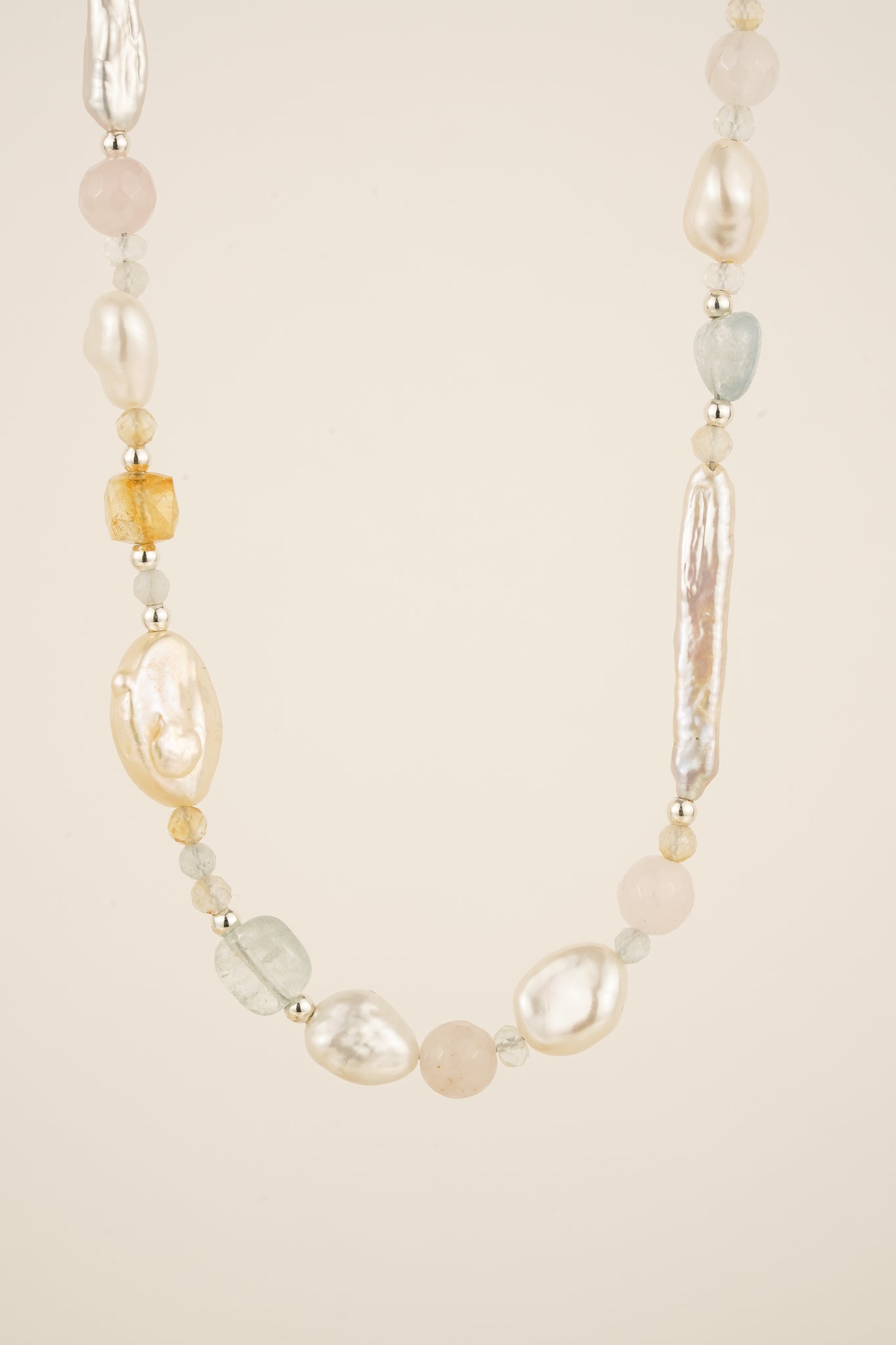 Aquamarine, citrine, morganite and freshwater pearl beaded necklace - mix 1