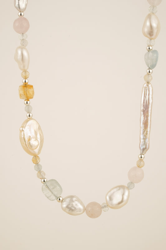 Aquamarine, citrine, morganite and freshwater pearl beaded necklace - mix 1