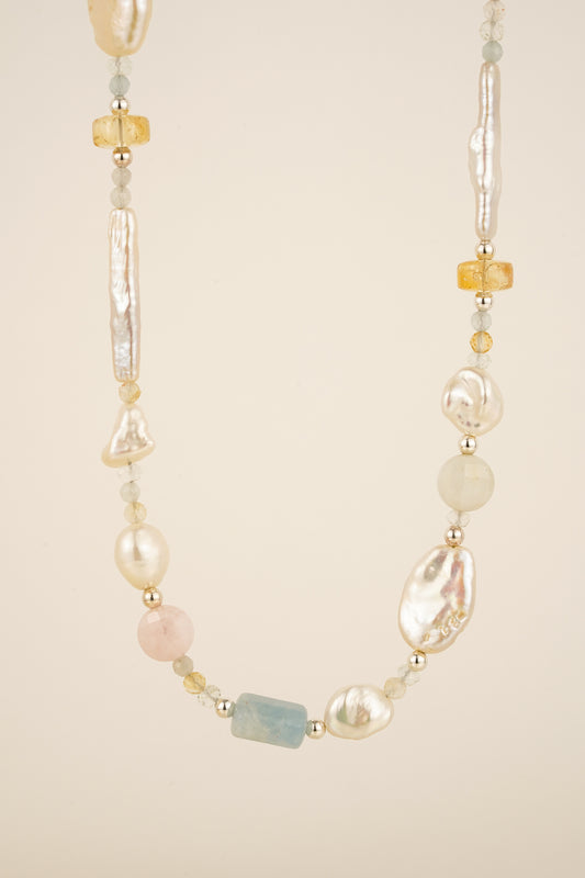 Aquamarine, citrine, morganite and freshwater pearl beaded necklace - mix 2