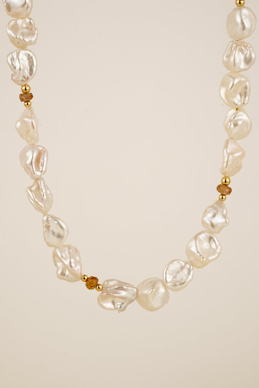 Large pearl & deep champagne zircon beaded necklace - gold
