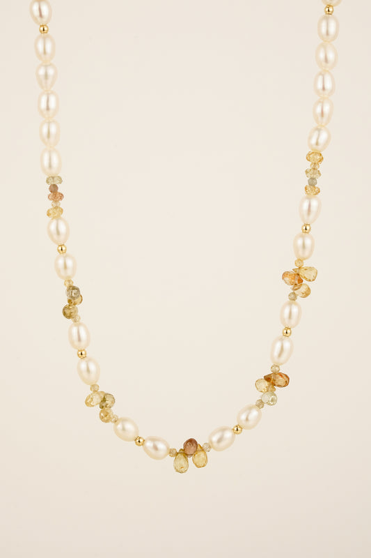 Mixed zircon droplet & pearl beaded necklace - gold