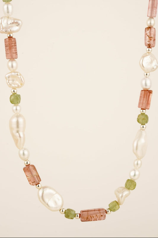 Pearl, tourmaline & apatite beaded necklace - silver