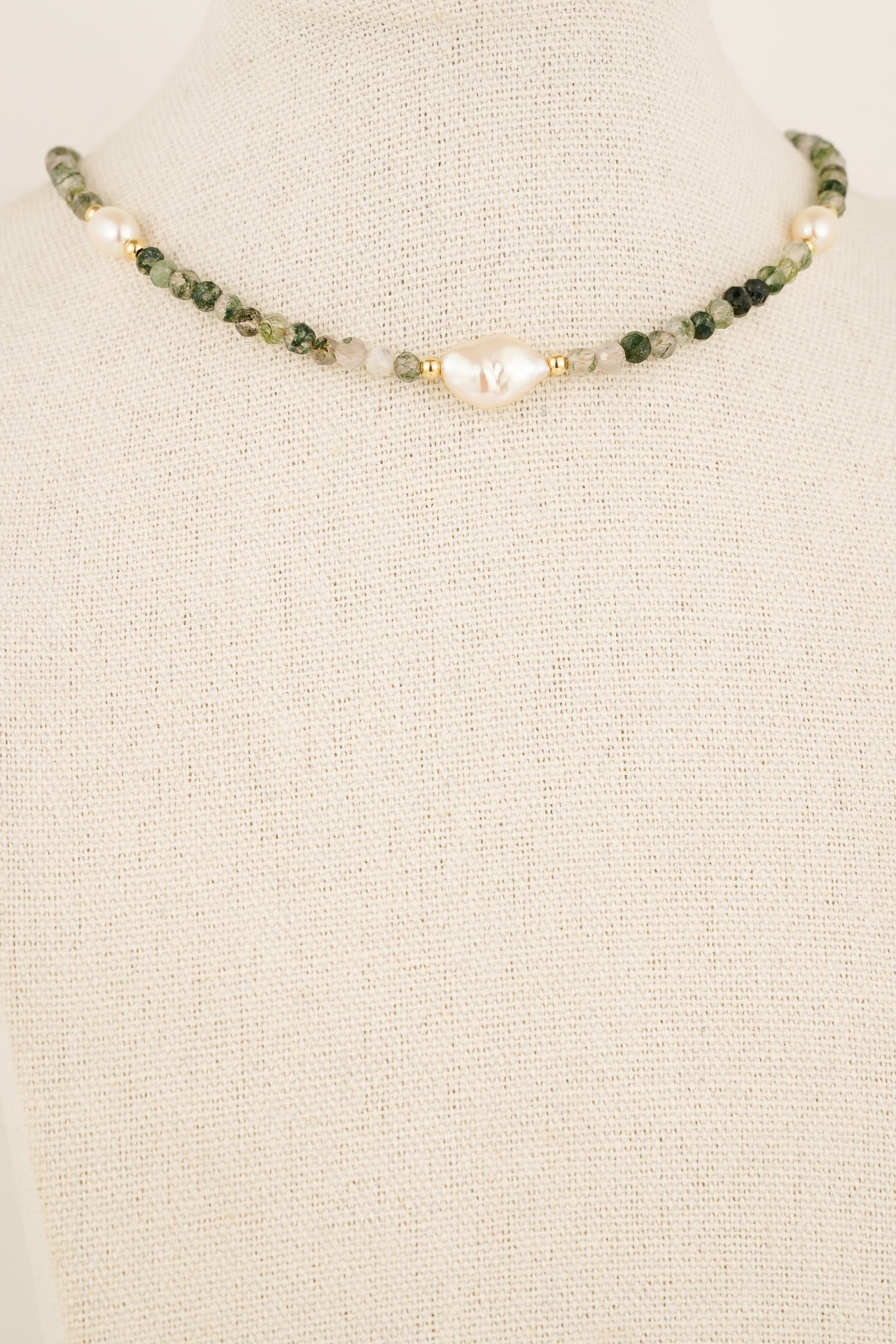 Moss agate & pearl necklace (3 pearl) - gold