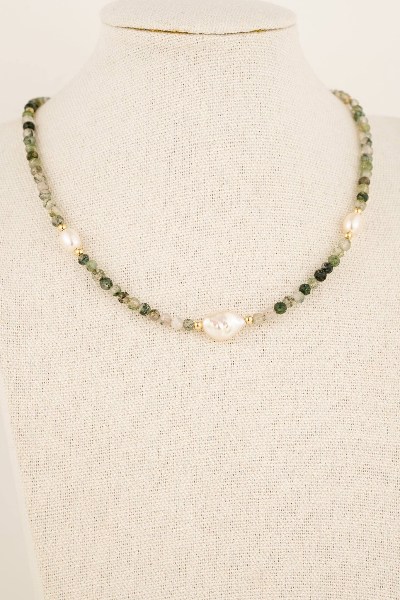 Moss agate & pearl necklace (3 pearl) - gold