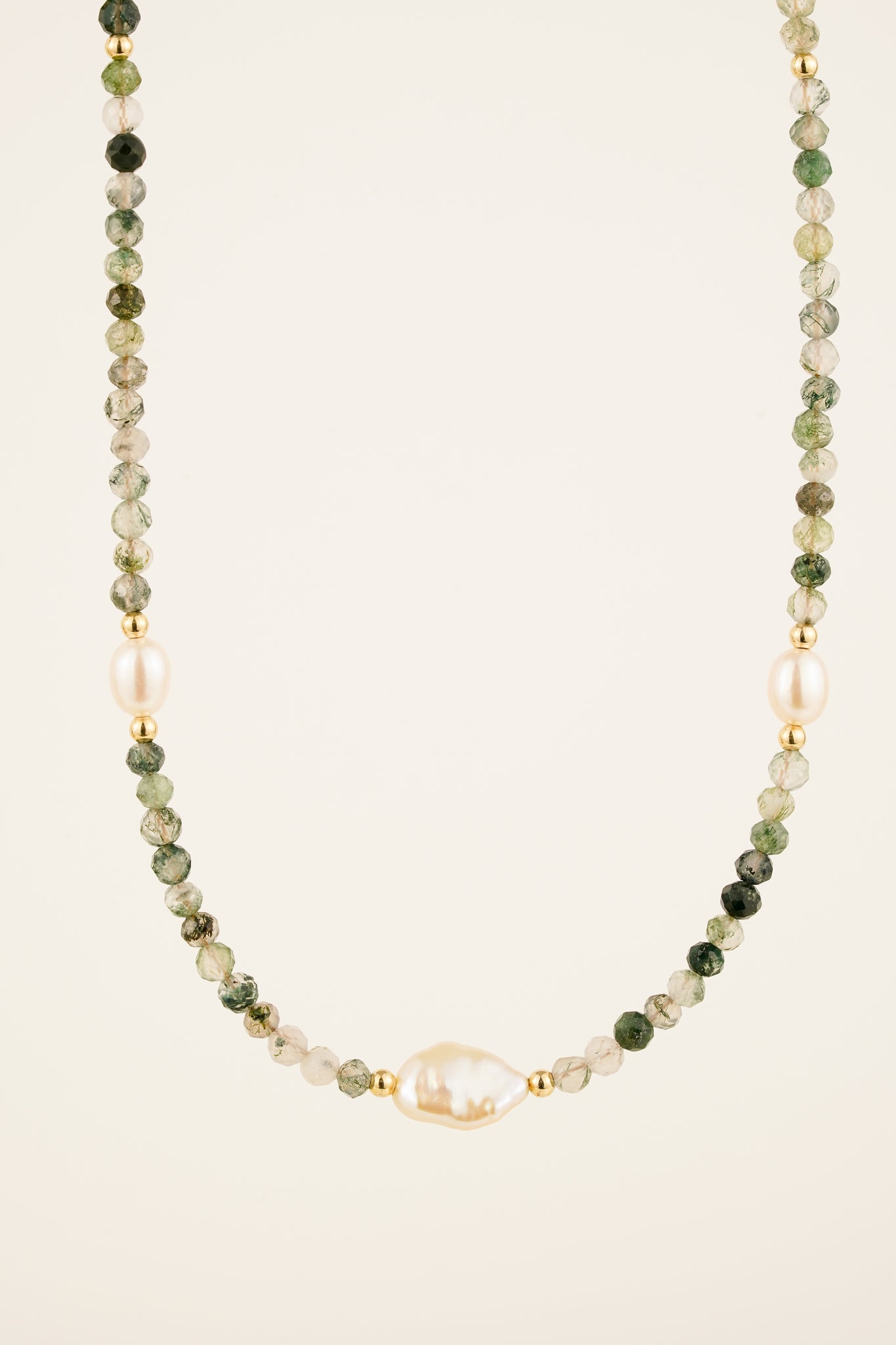Moss agate & pearl necklace (3 pearl) - gold