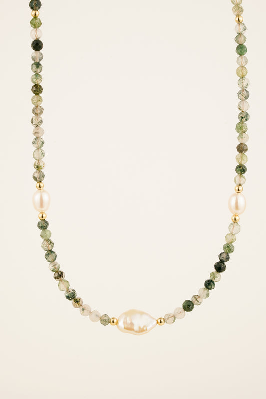 Moss agate & pearl necklace (3 pearl) - gold