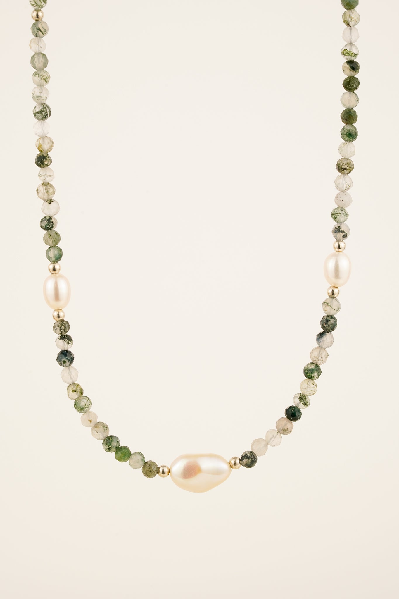 Moss agate & pearl necklace (3 pearl) - silver