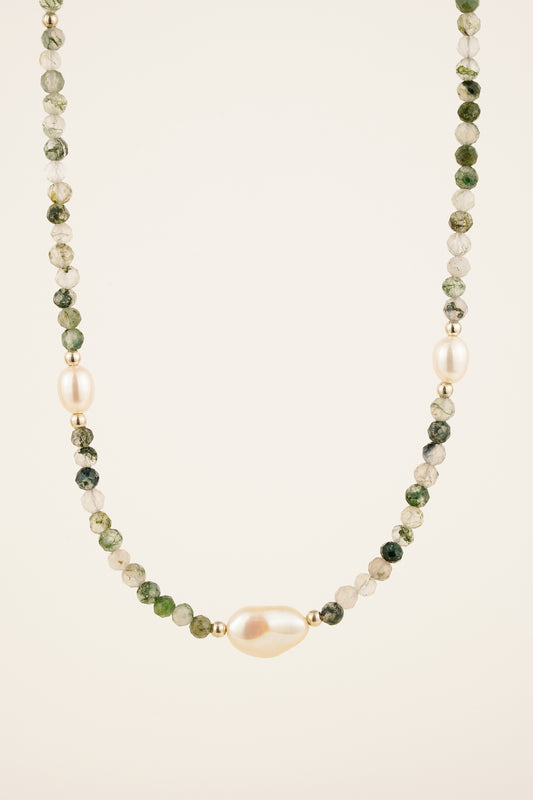 Moss agate & pearl necklace (3 pearl) - silver
