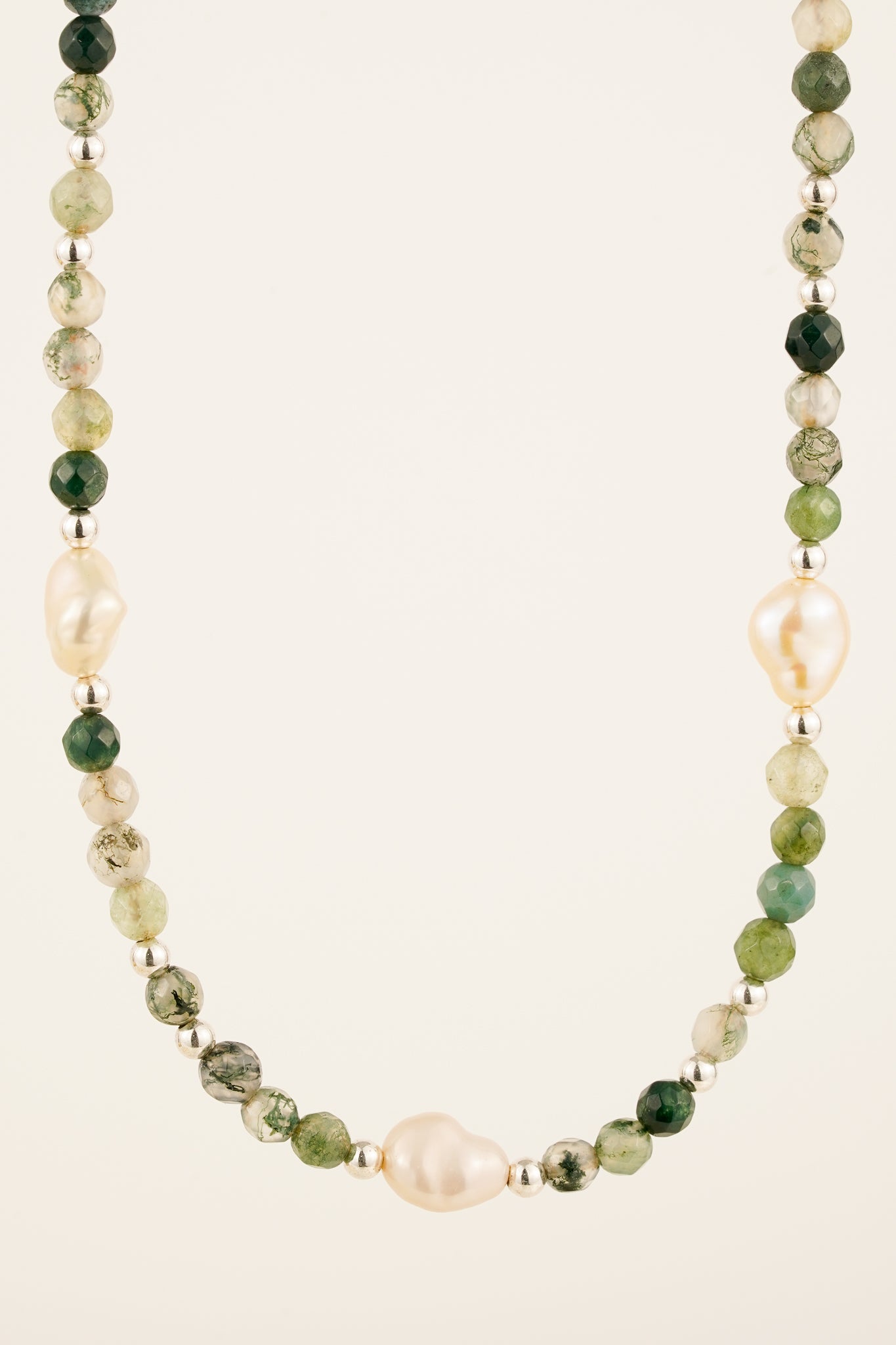 Moss agate & pearl necklace (5 pearl) - silver