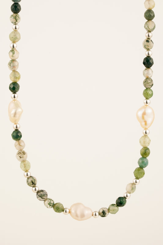 Moss agate & pearl necklace (5 pearl) - silver