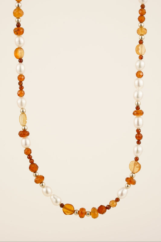 Mixed garnet & pearl beaded necklace - silver