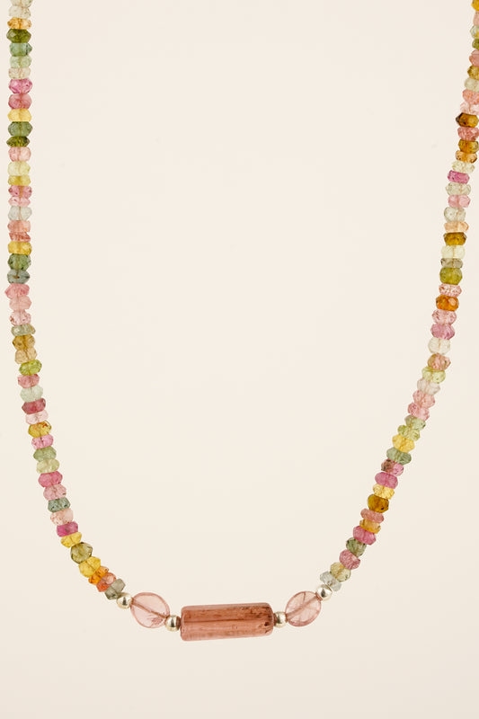 Tiny mixed tourmaline beaded necklace - silver