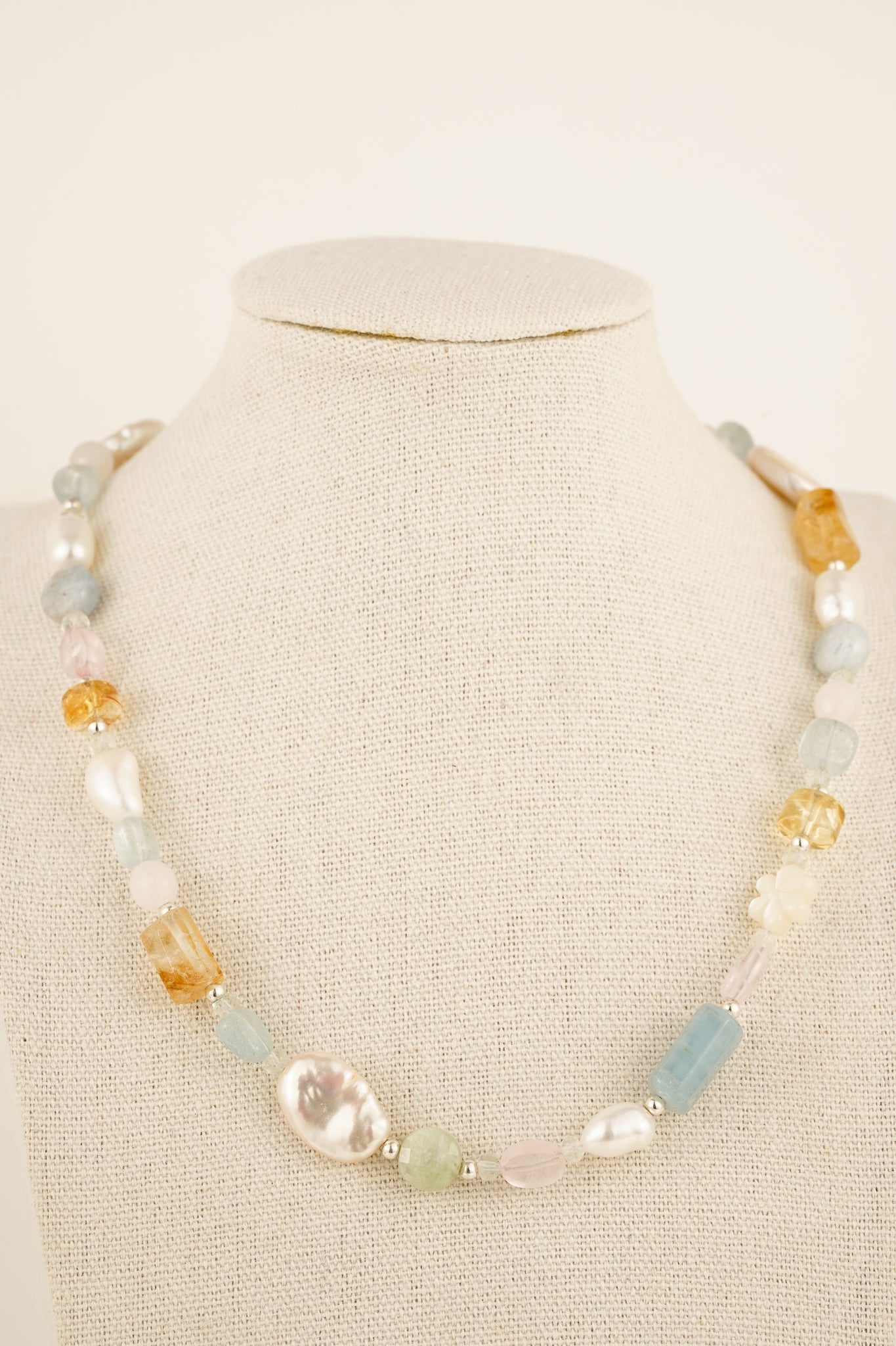 Aquamarine, citrine, morganite and freshwater pearl beaded necklace - mix 3