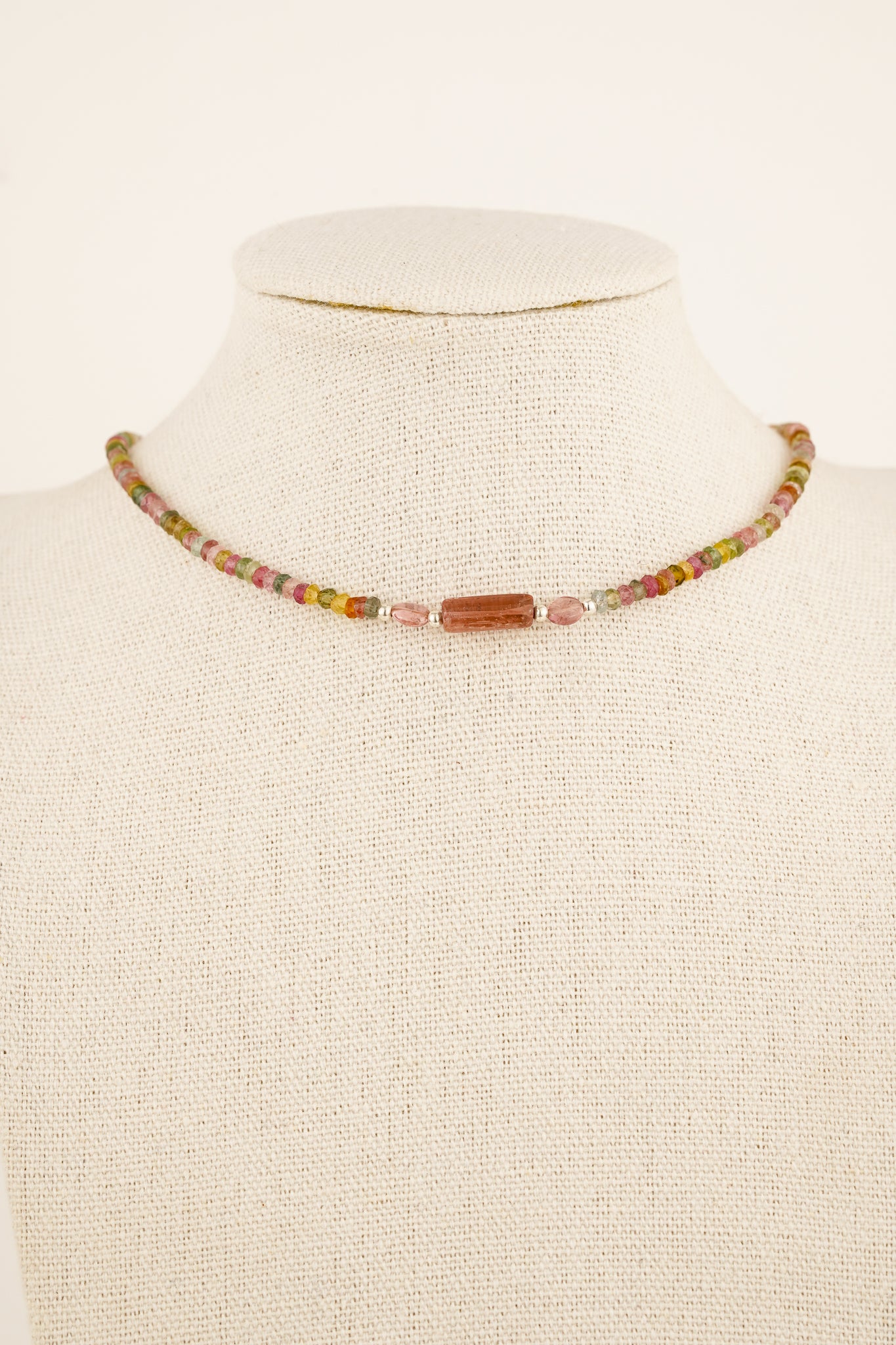 Tiny mixed tourmaline beaded necklace - silver