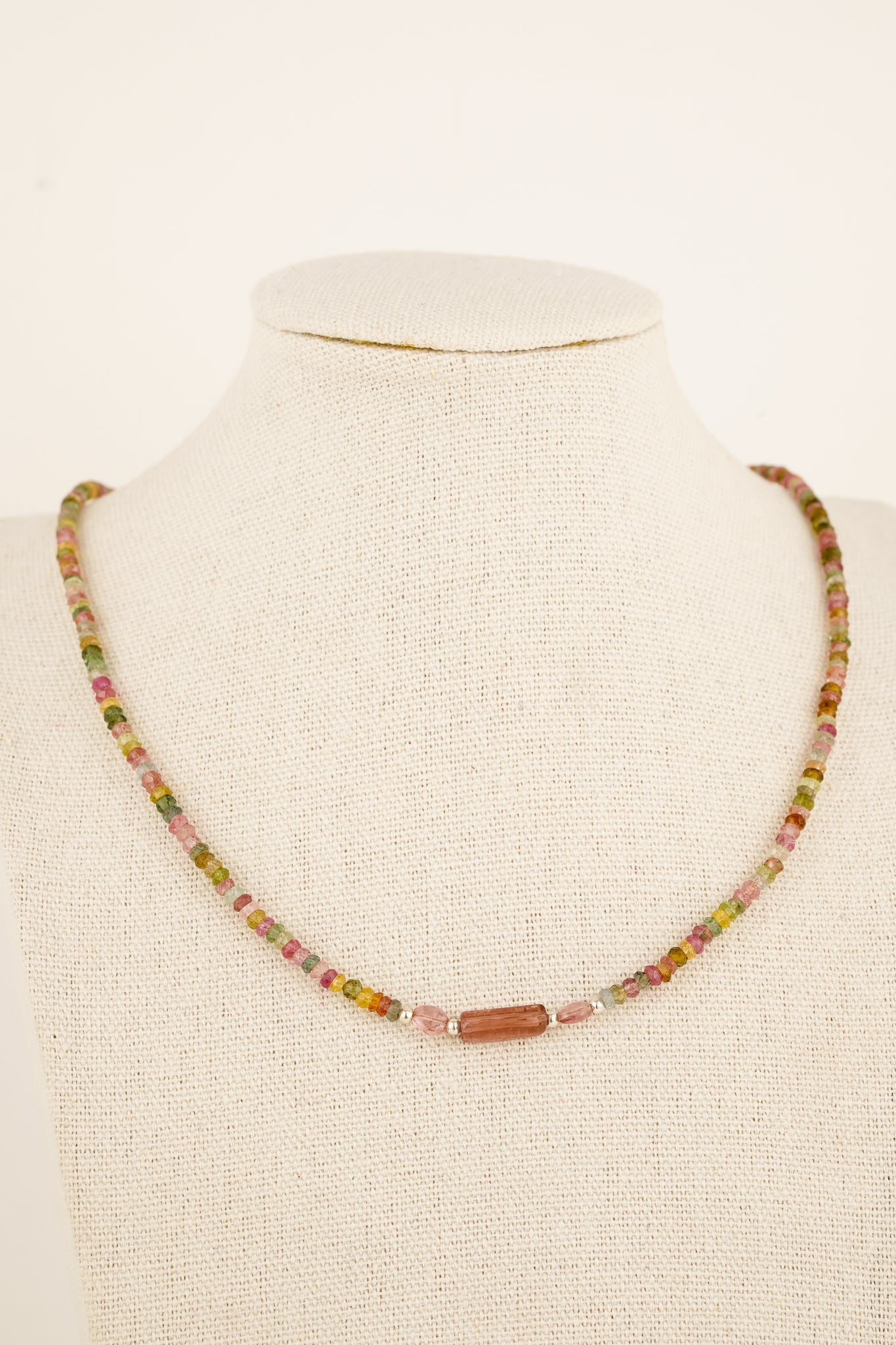 Tiny mixed tourmaline beaded necklace - silver