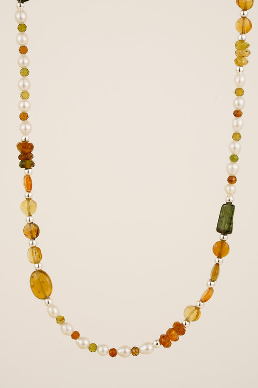 Pearl & petro tourmaline beaded necklace - silver mix 1
