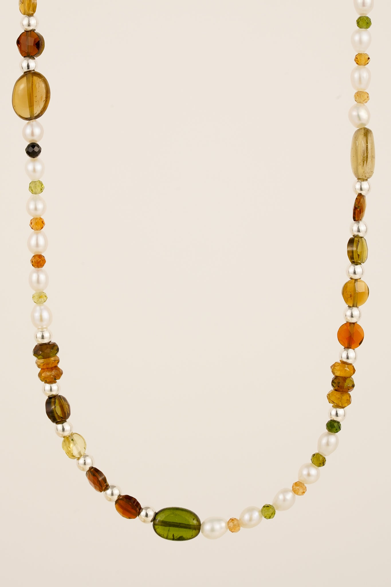 Pearl & petro tourmaline beaded necklace - silver mix 2