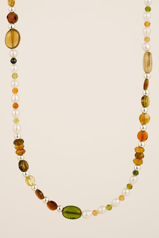 Pearl & petro tourmaline beaded necklace - silver mix 2