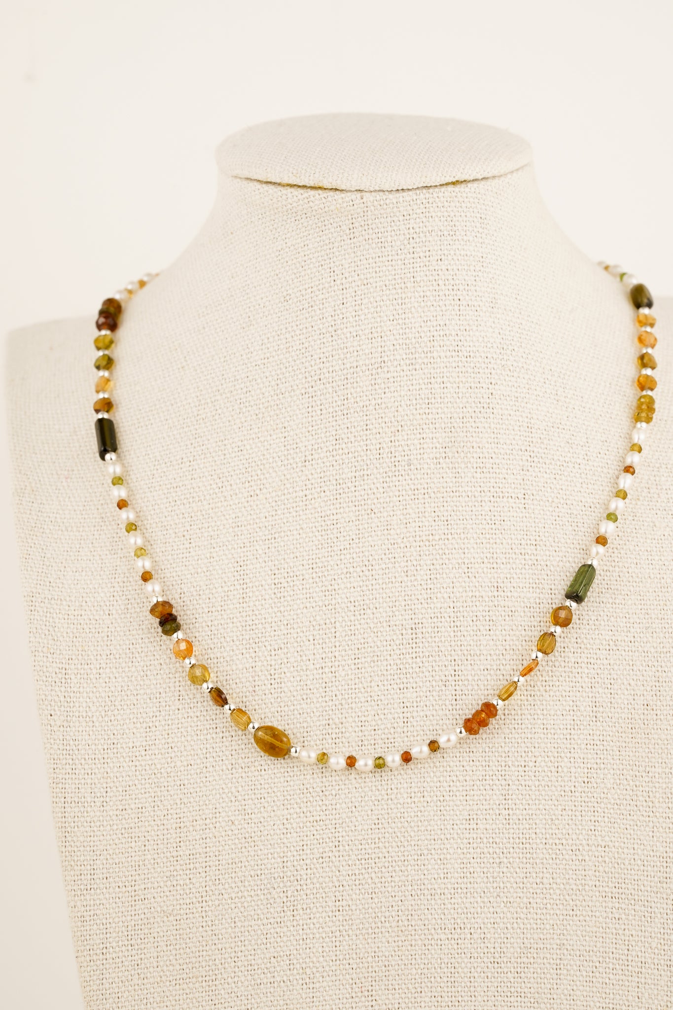Pearl & petro tourmaline beaded necklace - silver mix 1