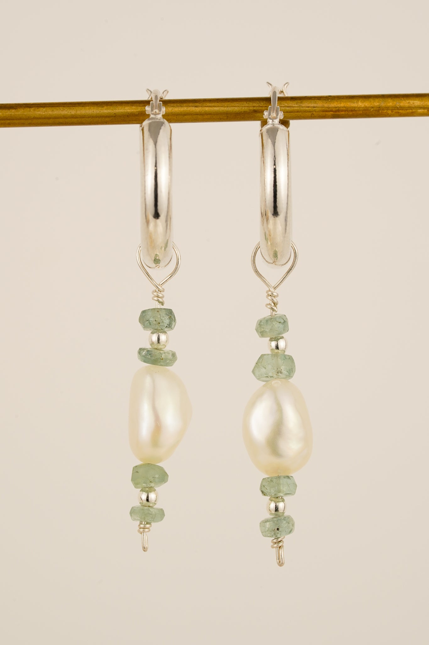 Seafoam tourmaline & pearl hoop earrings - silver