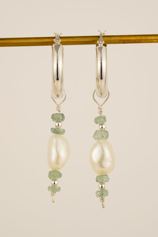 Seafoam tourmaline & pearl hoop earrings - silver