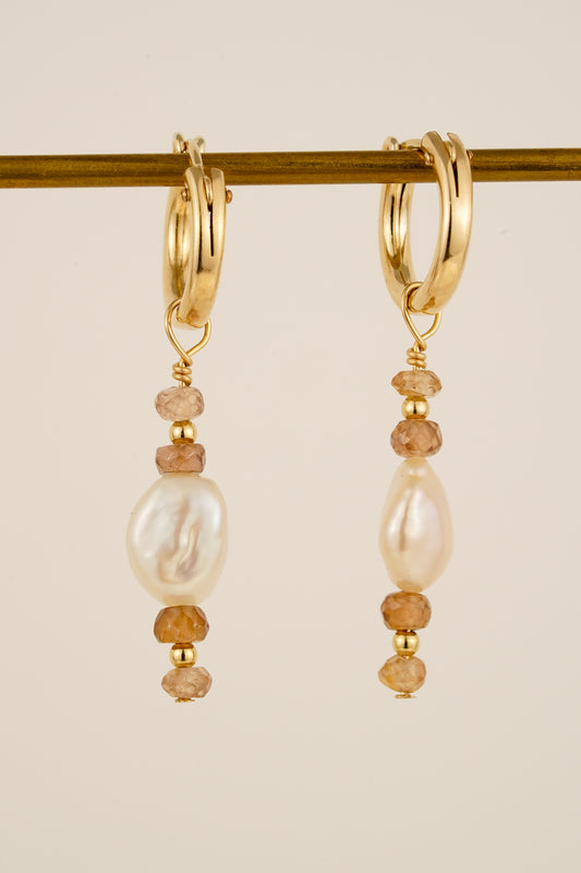 Champagne zircon & pearl earrings - gold-filled