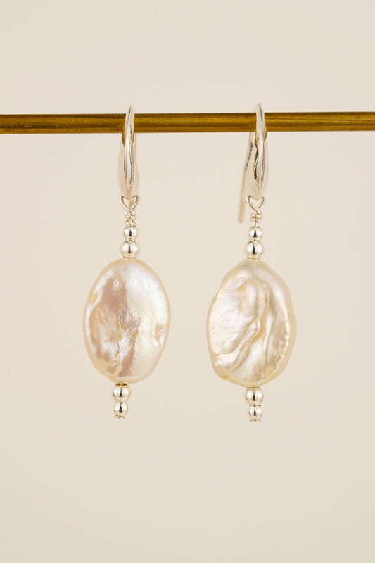 Oval pearl hook earrings - silver