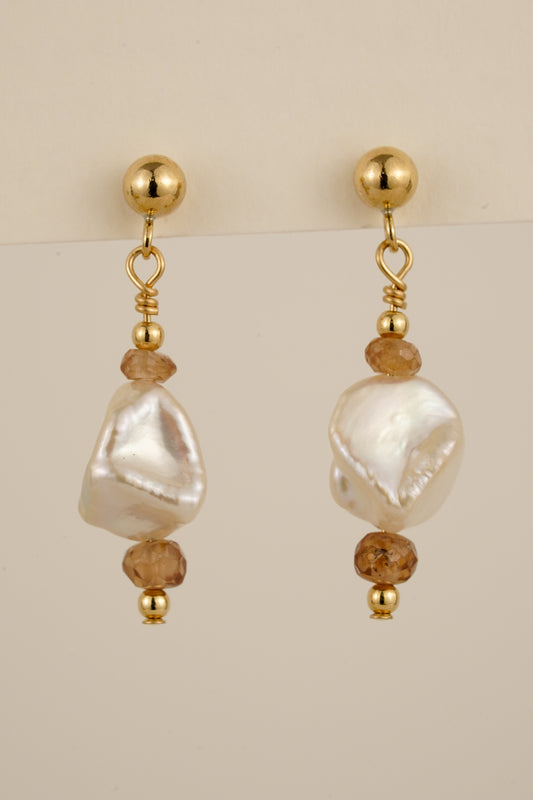 Pearl & champagne zircon studs - gold-filled