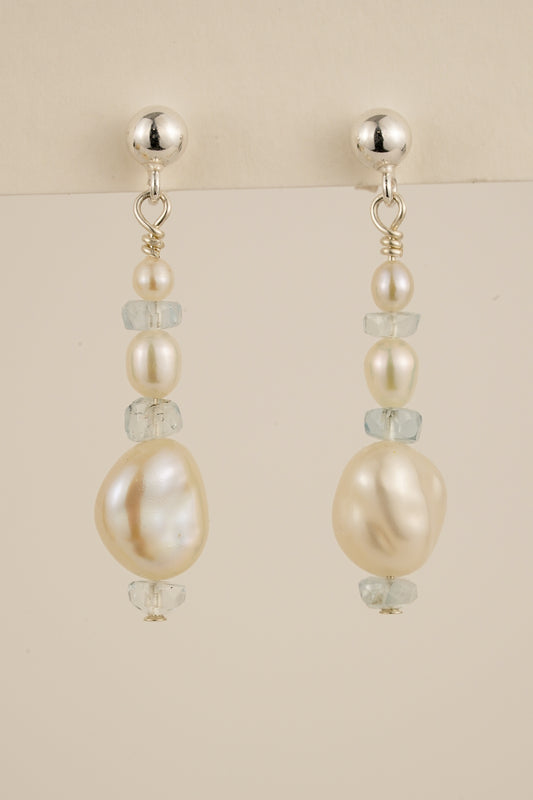 Pearl & aquamarine studs - silver