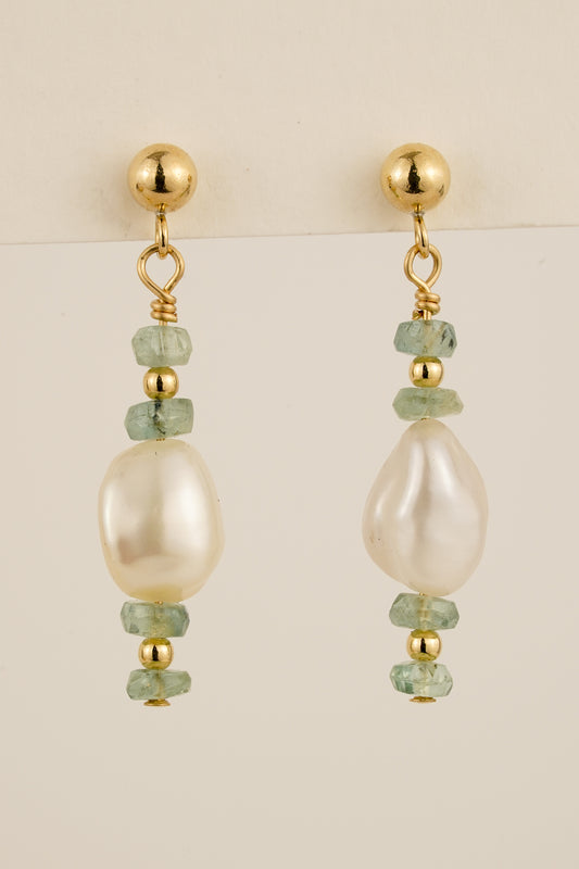 Pearl & seafoam tourmaline studs - gold-filled