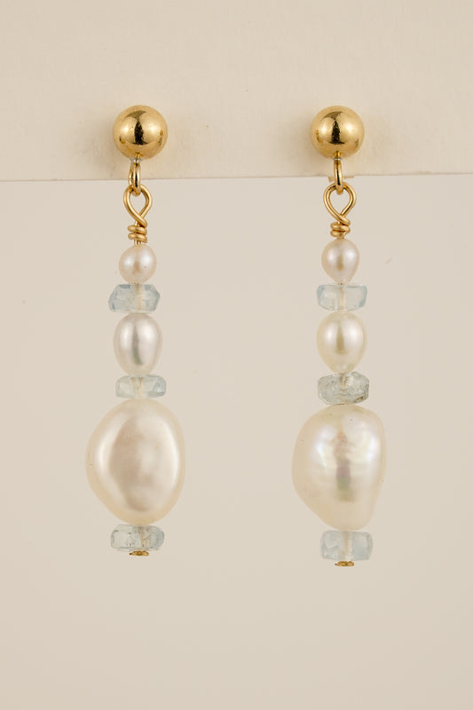 Pearl & aquamarine studs - gold-filled