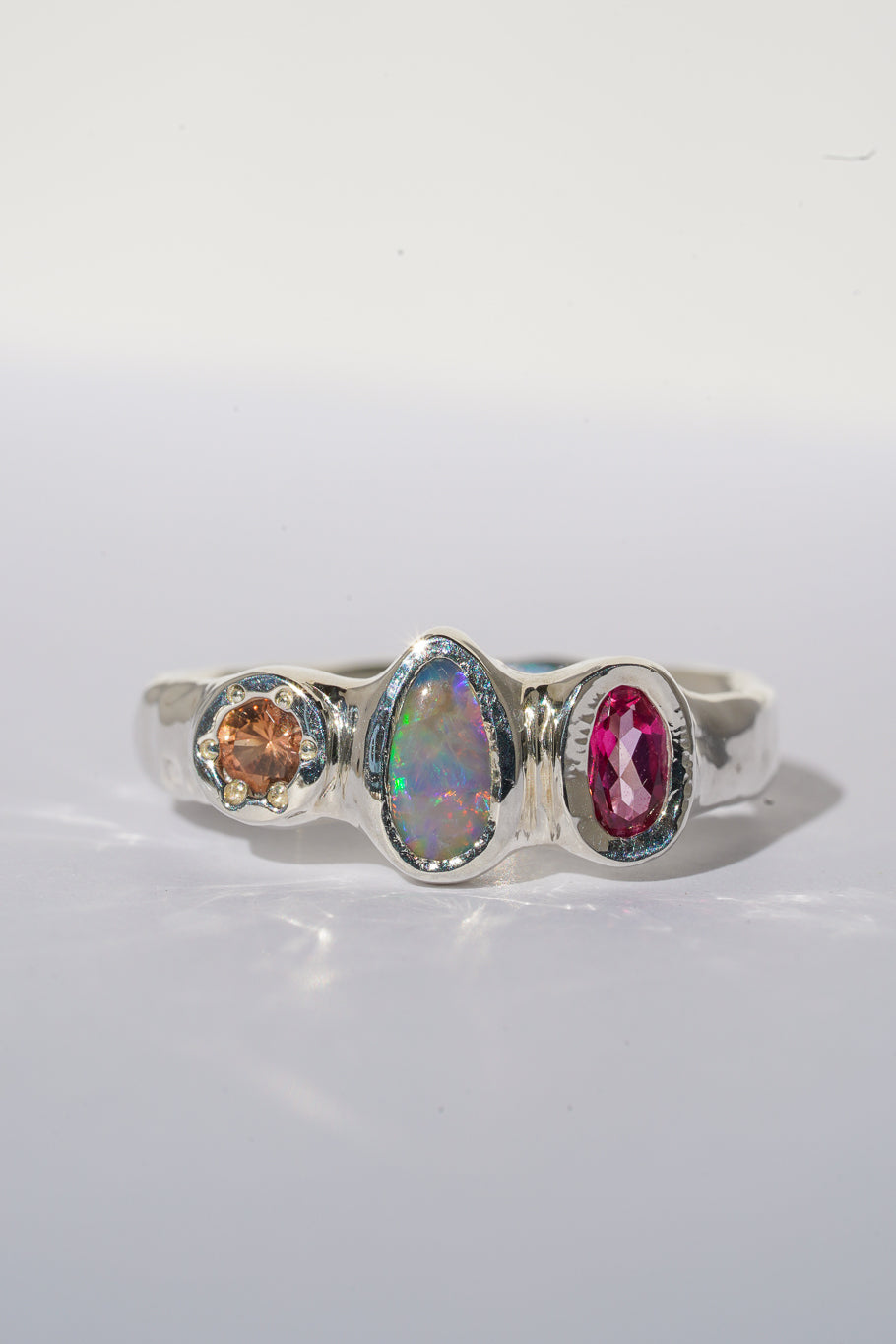 Opal, pink topaz & sapphire ring
