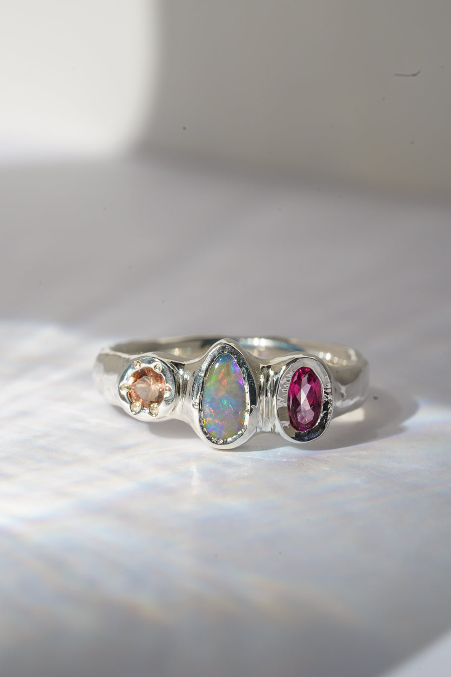 Opal, pink topaz & sapphire ring